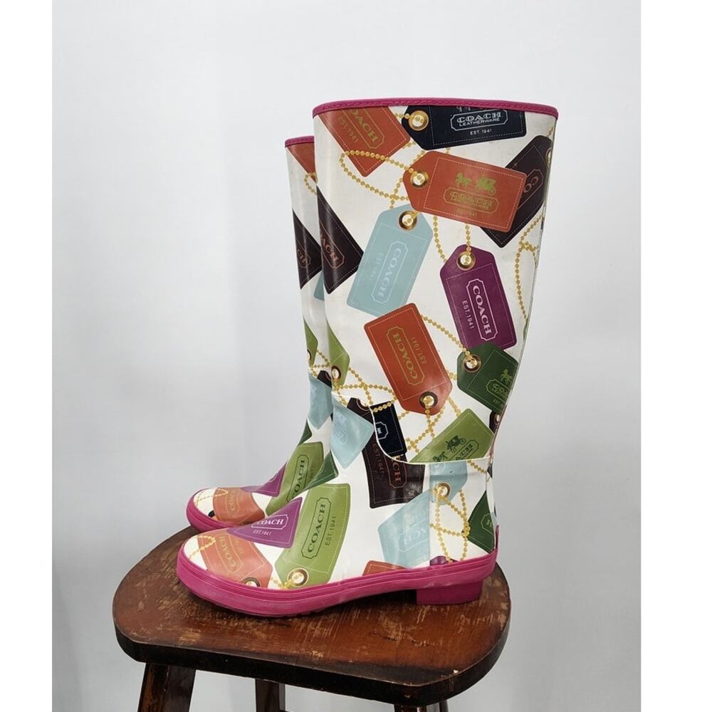 Coach Pammie Rain Boots Hang Tag Charm Size 7 Multicolor Tall Waterproof - Picture 1 of 8